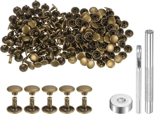 HARFINGTON 100 Sets Leather Rivets 8 x 9mm Metal Double Cap Rivet Snaps Studs Fasteners with 3pcs Setting Tools for Leather Craft DIY Repair Decoration, Bronze