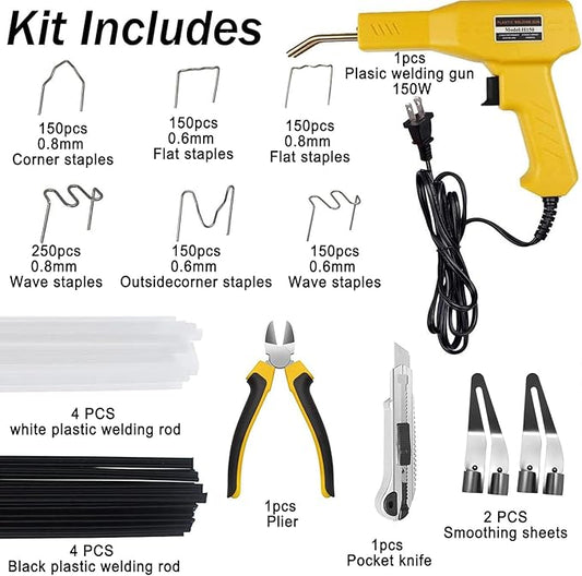 150W Upgraded Welder Kit, 1000PCS Hot Stapler Welding Machine Car Bumper Repair Kit, 2 in 1 Plastic Welder Soldering Gun with Weld Rods, 6 Types Staples for Bumper/Kayak/Plastic Repairs