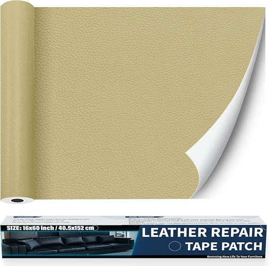 Zenyao Leather Repair Patch Tape - Self Adhesive Leather Repair Kit for Car Seat Furniture, Heavy Duty Vinyl Repair Patch for Couch Sofa, Waterproof Fix for Tears, 16x30 Inch Roll, White Khaki