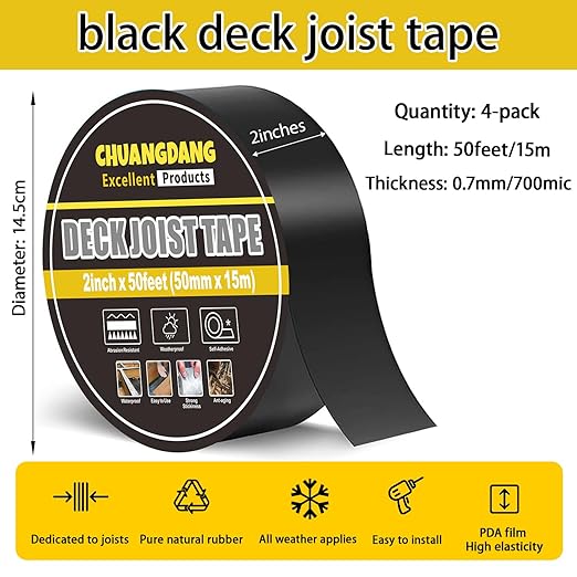 Black Joist Tape for Decking,2inx50ft,4-Pack,Joist Deck Butyl Tape for Joist, Roofs Beams,RV,Doors, and Fences,Waterproof Butyl Joist Tapes,Anti-Corrosion,Weather-Resistan