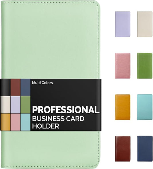 Sooez Leather Professional Business Card Book Holder Organizer, 240 Capacity Credit Card Booklet, PU Name Cards Holder Storage File for Men Women, 7.7"x 4.5" x 0.7", Green