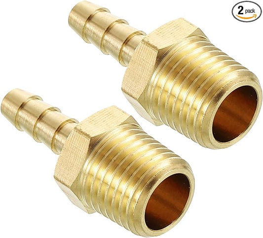 Pack of 2 Brass Hose Barb Fittings Adapter Connector 3/16" Hose Barb to 3/8" NPT Male Fittings for Home Machines, Massage Bathtubs, and Irrigation Systems