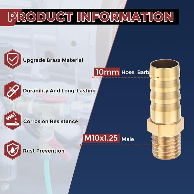Pack of 6 Brass Hose Barb Fittings Adapter Connector 10mm Hose Barb to M10x1.25 Male Fittings for Home Machines, Massage Bathtubs, and Irrigation Systems