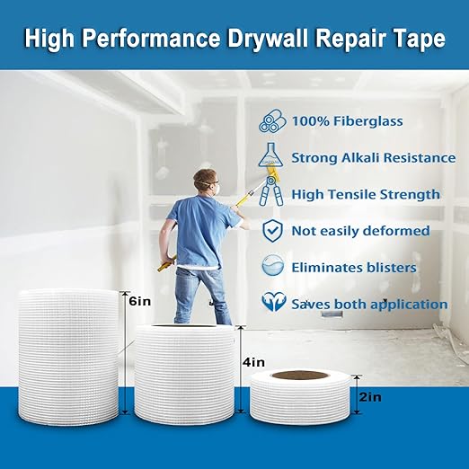 EDSRDRUS Drywall Repair Tape, 2in 4in 6in Multi Options Crack Tape Drywall, Mesh Drywall Tape High Performance Holding for Self-Adhesive Wall Crack and Seam Patch (2in100ft, Drywall Repair Tape)