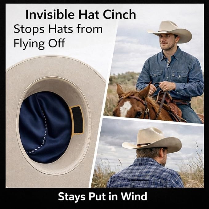 Cowboy Hat Retainer, Silicone Hat Size Reducer Rodeo | hard sweatband fit, leather band compatibility, hidden interior grip, wind control, felt and straw styles, rider accessory
