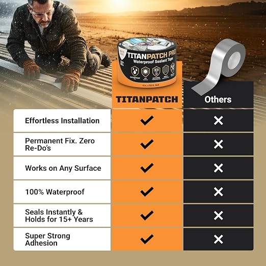 TITANPATCH PRO Waterproof Sealant Tape – Black 4" x50' – Stops Leaks Fast & Stays Sealed for 15+ Years – Sticks to RVs, Roofs, Pools, Boats, Gutters – Built for Harsh Weather (-40°F to 190°F)