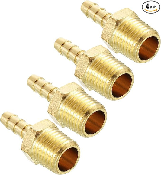 Pack of 4 Brass Hose Barb Fittings Adapter Connector 3/16" Hose Barb to 1/4" NPT Male Fittings for Home Machines, Massage Bathtubs, and Irrigation Systems