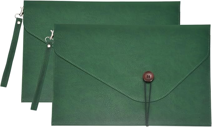 PATIKIL 2Pcs Leather Folder, 14x10 Leather Document Holder File Folder PU Pouch Bag Portfolio File Organizer Handbag Button Personal Envelope Waterproof for Traveling Men Gift, Green