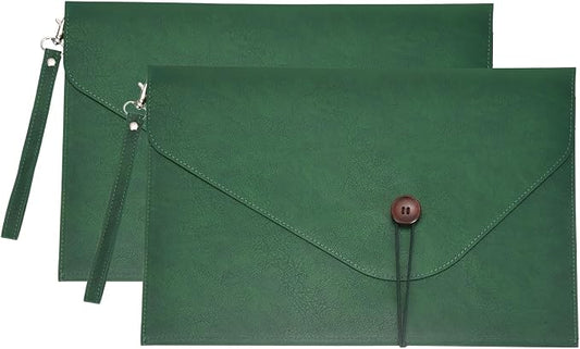 PATIKIL 2Pcs Leather Folder, 14x10 Leather Document Holder File Folder PU Pouch Bag Portfolio File Organizer Handbag Button Personal Envelope Waterproof for Traveling Men Gift, Green