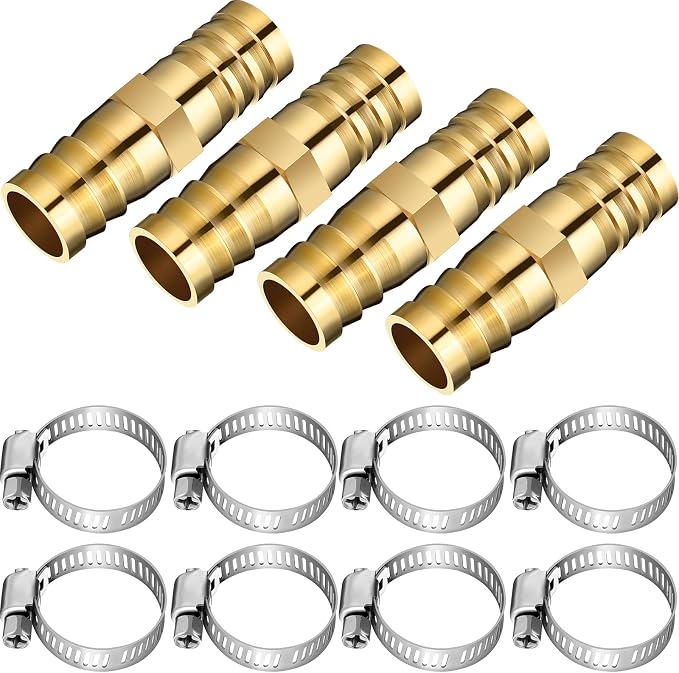 Zhengmy 12 Pcs 3/8-1/2 Inch Hose Repair Kit Brass Barb Fitting Garden Water Hose Repair Connectors with Claps Fiting with 8 Pcs Stainless Steel Pipe Clamp for Fuel Air
