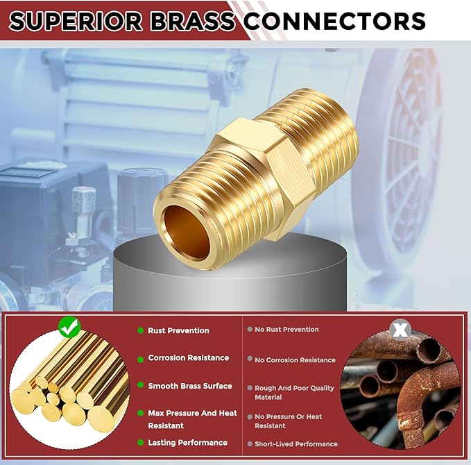 Pack of 12, 1/8" MNPT to 1/8" MNPT Solid Brass Hex Nipple Hose Connector W/Sealing Tape, Male Pipe Adapters for Pipe Leak Repair, Bathroom Remodeling, Tool Extensions, Compression