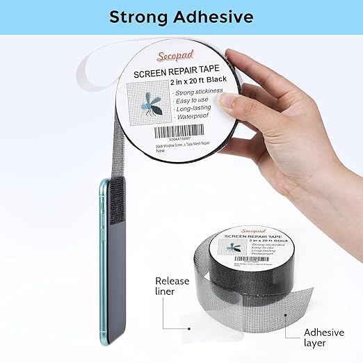 Secopad Black Window Screen Repair Tape, 2IN X 20FT Screen Repair Kit for Windows or Doors, Strong Adhesive Fiberglass Mesh Patch Tape