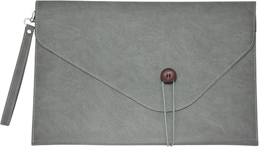 PATIKIL Leather Folder, 14x10 Leather Document Holder File Folder PU Pouch Bag Portfolio File Organizer Handbag Button Personal Envelope Waterproof for Traveling Men Gift, Gray