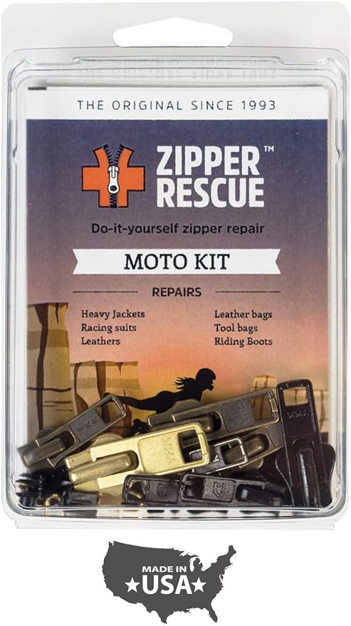 Zipper Rescue Moto Zipper Repair Kit - The Original Zipper Pull Replacement kit for Heavy Jackets, Boots, Leather Bags - 8 Metal Sliders, 8 End Stops, 6 Top Stops - Made in America Since 1993