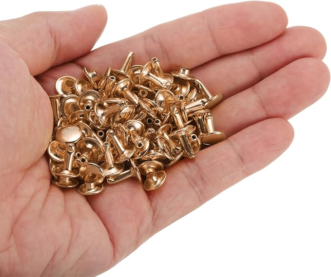 HARFINGTON 100 Sets Double Cap Leather Rivets, 9x10mm Round Cap Tubular Metal Studs Leather Crafting Rivets for Fabric Belt Pet Collar Boot Bag Repair and Decoration, Light Gold