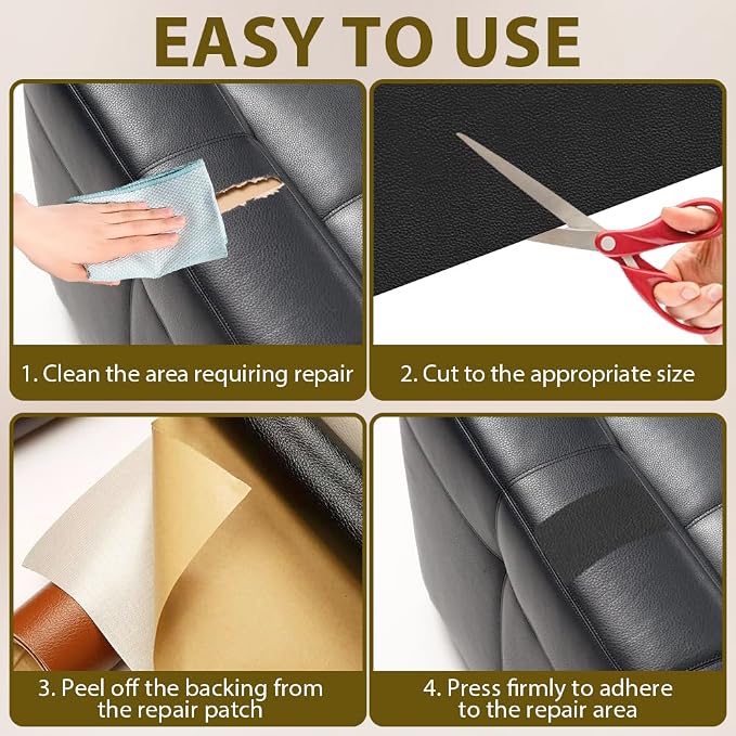 8 Sheets Faux Leather Repair Patch Self-Adhesive Black Leather Patches Waterproof Vinyl Repair Kit for Furniture Car Seats Couch Sofa Chair Surface