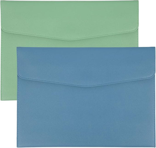 PATIKIL 2Pcs PU Leather A4 File Folder, Document Holder Envelope Waterproof Napa Texture Filing Organizer Portfolio Folder Case with Magnetic Snap for Home Office, Green, Light Blue