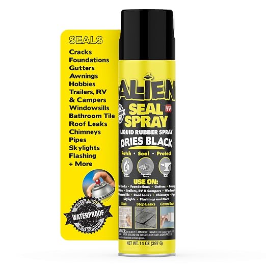 Alien Tape Waterproof Sealant Spray, RV Roof Sealant, Rubber Spray Prevents, Patches & Seals Leaks, Waterproof, Protects Surfaces, Works on Most Materials, Dries Black - 1 Can (14 Oz)