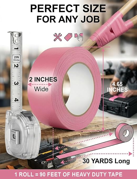Pink Duct Tape Heavy Duty - 2 Inches x 30 Yards Pro-Grade Cloth Fabric Tape, Waterproof & No Residue, Multi-Use Flexible Adhesive Tape for Crafts, DIY, Repairs, Indoor & Outdoor - 1 Roll