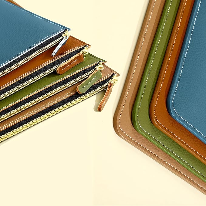 PU Leather A4 File Folder Zipper Document Holder Envelope Folder Case for Receipt Contract (Khaki)