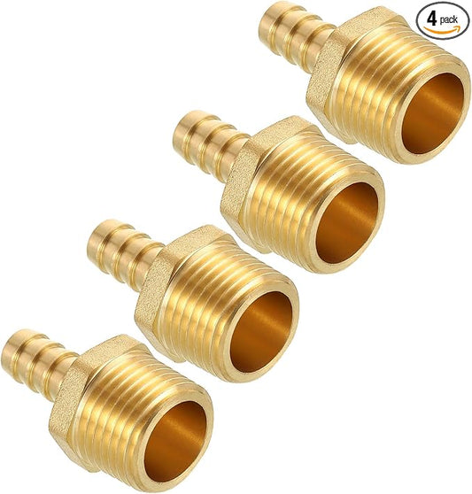 Pack of 4 Brass Hose Barb Fittings 3/8" Hose Barb to 1/2" NPT Male Fittings