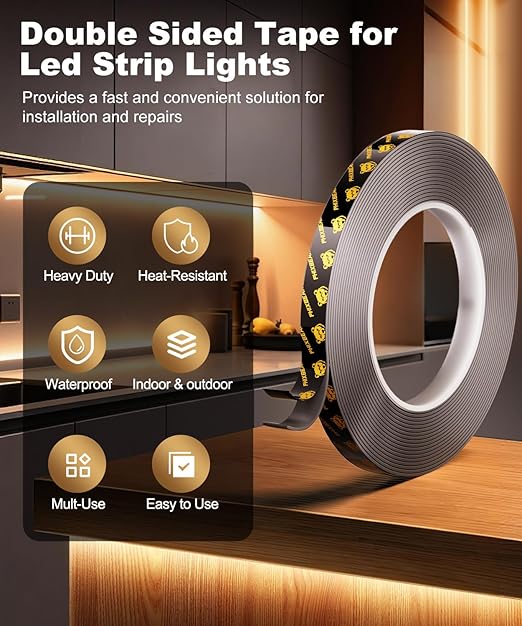 PHIXBEAR Heavy Duty Double Sided Tape for Led Strip Lights, Automotive Trim, Garage, Home Decor, Indoor & Outdoor, 20Ft x 1/4" Heat Resistant Waterproof Adhesive Mounting Tape