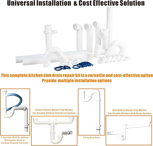 Kitchen Sink Drain Kit,1-1/2”,for Most Kitchen Sink Drain Repair Kit and Bathroom Sink Drain Kit, Kitchen Sink P Trap Drain Kit 1 1/2” for Sink Plumbing Kit, Completed Sink Pipe Replacement Kit