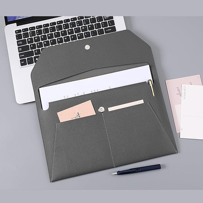 PU Leather A4 File Folder Document Holder with 3 Pockets Waterproof Stylish Envelope Folder Case with Snap Closure (Dark Gray)