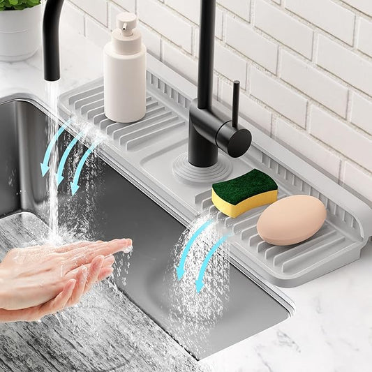 17.7'' Folding Faucet Mat for Kitchen Sink Splash Guard[7° Slope Fast Self-draining][Snap Lock Fit] Kitchen Sink Faucet Mat Splash Guard Kitchen Sink Area Water Splash Guard Behind Faucet Draining Mat
