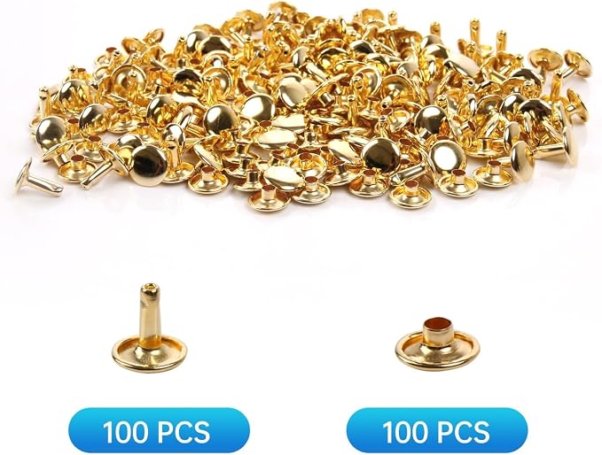 100 Sets Leather Rivets 8x8mm Double Cap Rivets Snaps Metal Studs Fasteners with 3pcs Setting Tools for Leather Craft DIY Repair Decoration, Gold Tone