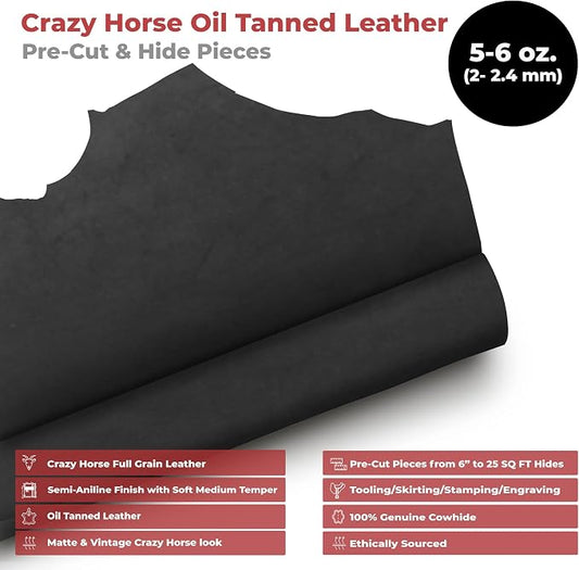 ELW Crazy Horse Leather 5-6 OZ (2-2.4mm) | Black | Pre-Cut 15-18 SQ FT | Full Grain Cowhide Handmade Leather for DIY, Crafts, Sheaths, Sewing, Workshop
