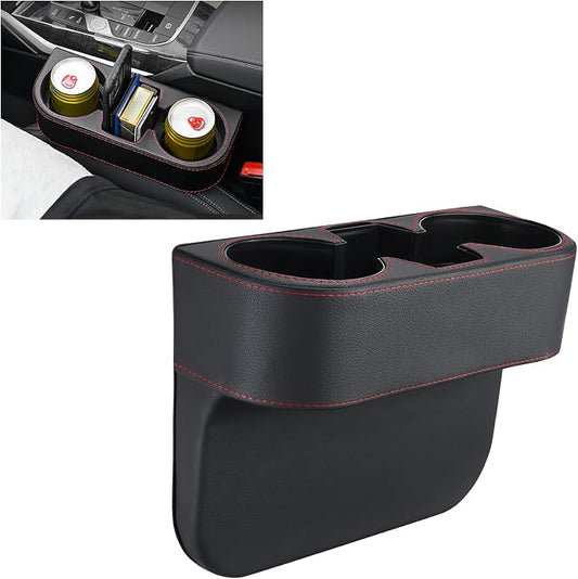 Car Cup Holder for Seat Gap Filler, PU Leather Car Seat Gap Filler Organizer Storage Box, Multifunctional Automotive Interior Accessory with Cupholder & Phone Holder (Black)