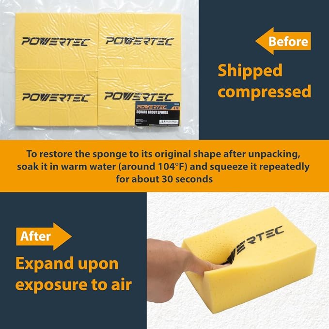 POWERTEC 14031 4-1/2 Inch Diamond Saw Blade for Angle Grinder – 1pk Super Thin Turbo Mesh Rim Blade for Cutting Porcelain, Granite & Ceramic Tile w/ 4pk Large Square Grout Sponge – Tile Grout Removal