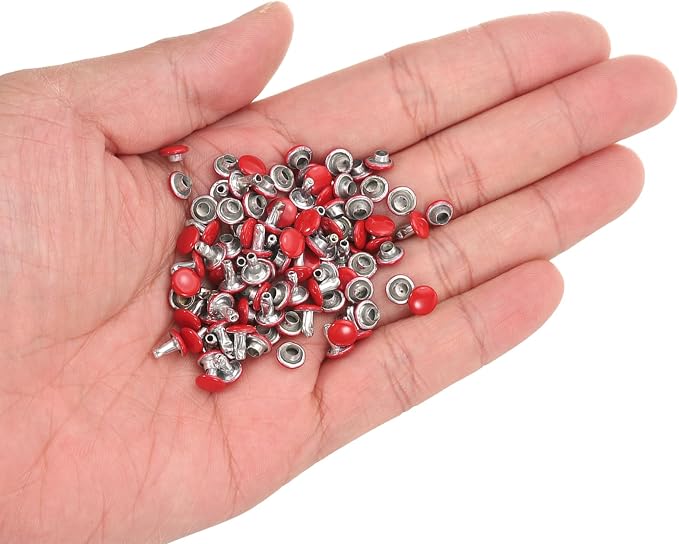 HARFINGTON 100 Sets Double Cap Leather Rivets, 6x6mm Round Cap Tubular Metal Studs Leather Crafting Rivets for Fabric Belt Pet Collar Boot Bag Repair and Decoration, Red