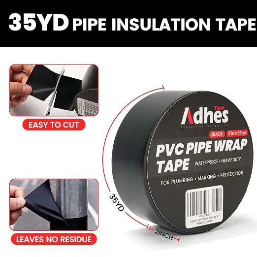 ADHES PVC Pipe Wrap Tape, 2 Inch X 35 Yds, Corrosion Protection Pipe Tape, Weatherproof PVC Tape for Drain Pipe, Metal & Electrical Piping, Underground Pipe, Black