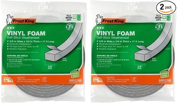 Frost King Vinyl Foam Tape - Closed Cell - Moderate Compression, 3/8" W, 3/16" Thick, 17' L, Grey (Pack of 2)