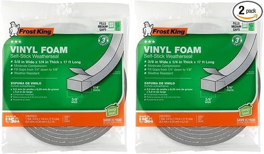 Frost King Vinyl Foam Tape - Closed Cell - Moderate Compression, 3/8" W, 3/16" Thick, 17' L, Grey (Pack of 2)
