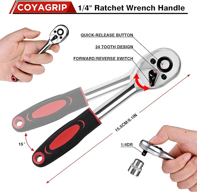 46PCS Socket Ratchet Wrench Set, 1/4 Inch Drive Small Tool Set with Screwdriver Bit Sockets Extension Bar and Storage Case, Metric Socket Set for Car Repair and Home Use