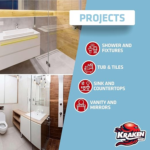 Kraken Bond Premium Kitchen and Bathroom Silicone Caulk Clear - (24x10.1 fl.oz) RTV Clear Silicone Sealant Waterproof for Kitchen, Bathroom, Shower, Sink, Anti Shrink 100% Silicone Caulking | 24 Pack