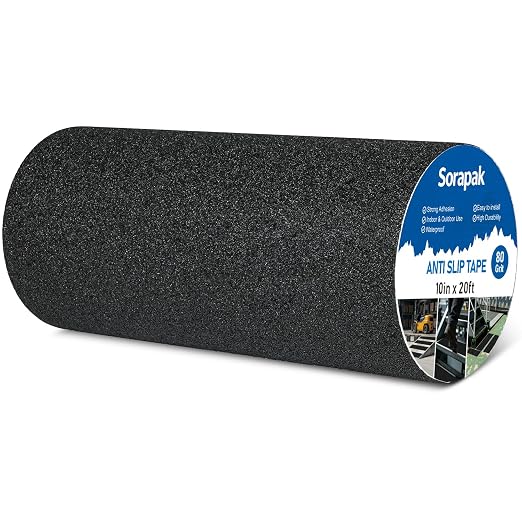 Black Anti Slip Tape 10in x 20ft, 80 Grit Waterproof Non Skid Grip Tape Roll for Stairs, Decks, Boat Decks, Ramps, Indoor & Outdoor Use