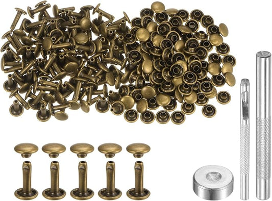 HARFINGTON 100 Sets Leather Rivets 10 x 7mm Metal Double Cap Rivet Snaps Studs Fasteners with 3pcs Setting Tools Rivets for Leather Craft DIY Repair Decoration, Bronze