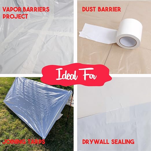 White Vapor Barrier Tape, 4 Inch x 100 Feet White Vinyl Polyethylene Seal Tape for Crawl Space, Moisture Barrier Seam, Waterproof Seam Tape, 7 Mil Poly Tape