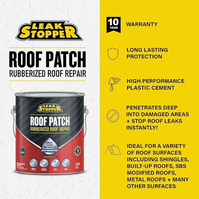 Gardner-Gibson Leak Stopper Rubberized Roof Patch 1 Gallon | 100% Flexible Instant Sealant for Built-Up Roofs, SBS Modified Roofs, Metal Roofs & Many Other Surfaces | 10 Years Warranty | Black |