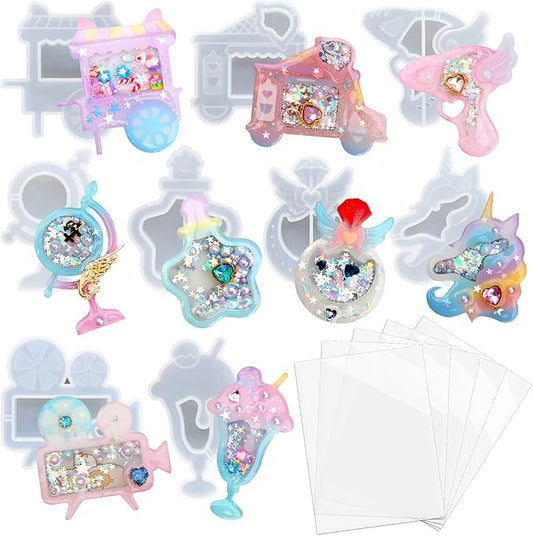 FUNSHOWCASE Resin Shaker Molds Set Charms Pendant Jewelry Making Supplies 9 Silicone Trays with 5 Clear Seal Films
