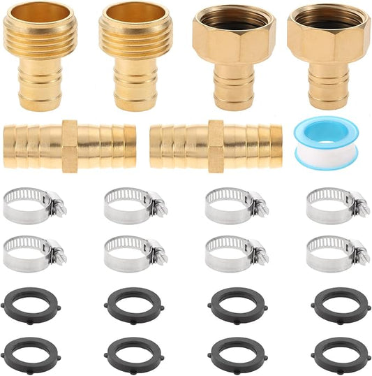 4 Sets 5/8 Inch Garden Hose Connector Repair Kit, Solid Brass Water Hose Coupling Splicer Mender Female and Male Hose Connector with Tape, Stainless Steel Clamp and Rubber Gasket