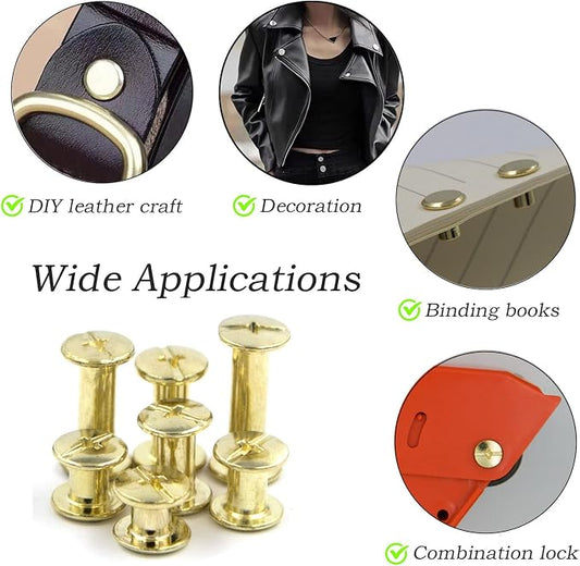 90 Sets M5 Gold Chicago Screws Leather Assorted Kit ，6 Sizes of Screw Rivets for Leather Rivet for DIY Leather Craft and Bookbinding (M5 X 4, 5, 6, 8, 10, 12)