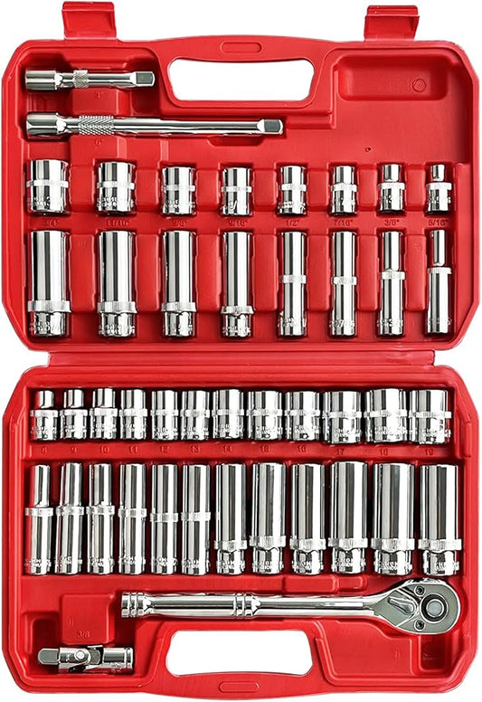 EACELIY 44pcs 3/8" Drive Impact Socket Set,Drive Master Socket Set,SAE/Metric, Deep & Shallow with 3/8" Drive Head Ratchet,Universal Joint,Extension bar (3” & 6”),6 Point,CR-V Steel，Mirror Chrome