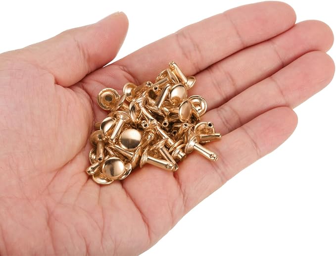 HARFINGTON 100 Sets Double Cap Leather Rivets, 9x12mm Round Cap Tubular Metal Studs Leather Crafting Rivets for Fabric Belt Pet Collar Boot Bag Repair and Decoration, Light Gold