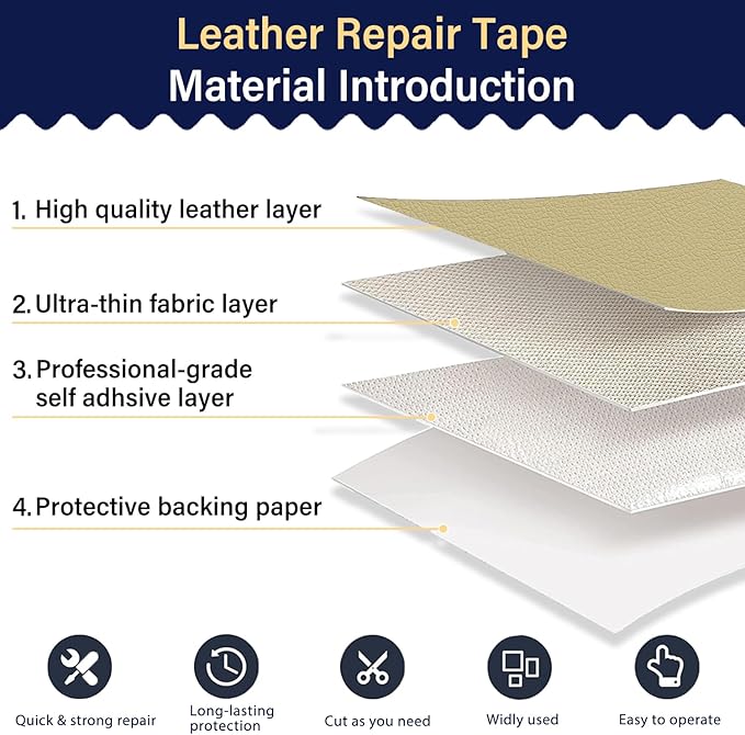 Zenyao Leather Repair Patch Tape - Self Adhesive Leather Repair Kit for Car Seat Furniture, Heavy Duty Vinyl Repair Patch for Couch Sofa, Waterproof Fix for Tears, 16x30 Inch Roll, White Khaki