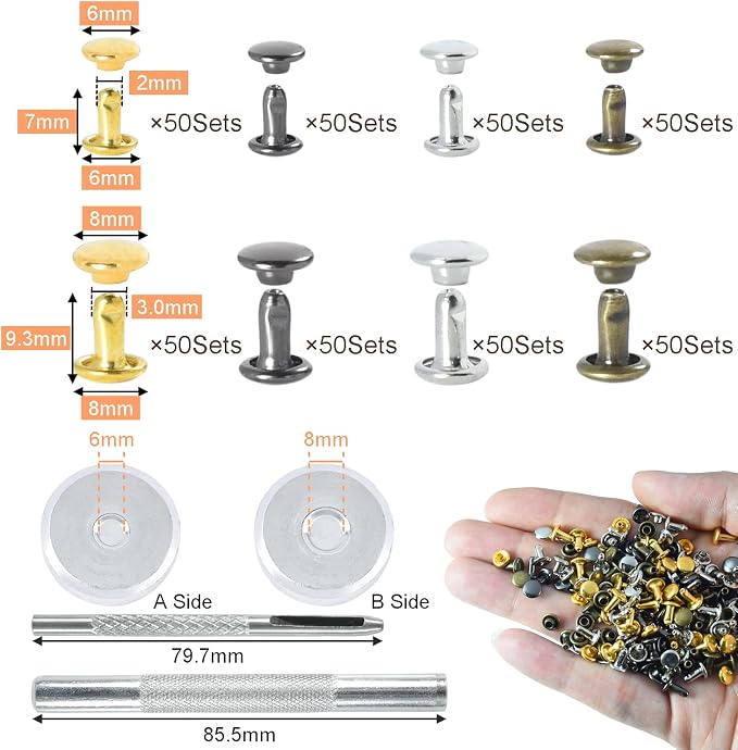 400Sets Leather Rivets Kit, 6mm & 8mm Double Round Cap Rivets, Tubular Metal Rivets with 3 Punch Rivet Setting Tool Rivets for Leather Purse Clothing Dog Collar Repair Hardware (4 Color & 2 Size)